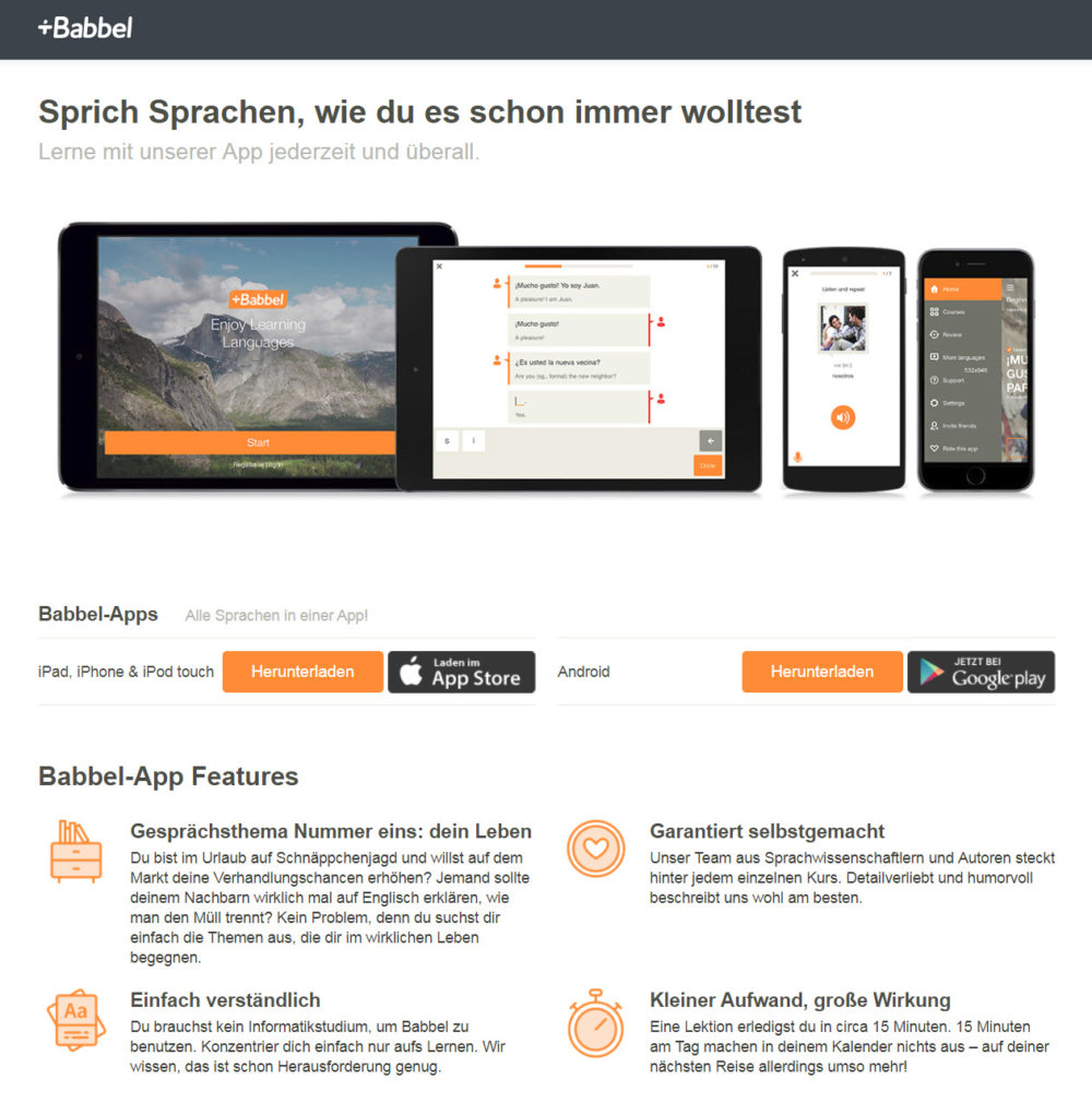 Anbieter wie Babbel bieten umfangreiche digitale Lösungen zum Lernen von Fremdsprachen - via Browser und Apps - hier für Englisch (Screenshot https://de.babbel.com/mobile am 21.03.2018)