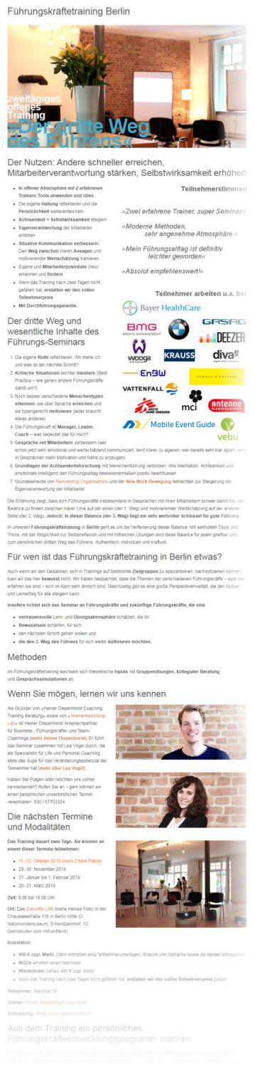 Führungskräfteentwicklung Berlin | Heiner Diepenhorst und Lea Vogel bieten ein zweitägiges offenes Training "Der dritte Weg des Führens" als Führungskräftetraining im Berliner Zukunfts-LAB / Coaching-Loft an (Screenshot https://coachingberlinmitte.de/fuehrungskraeftetraining-berlin, 04.09.2018)