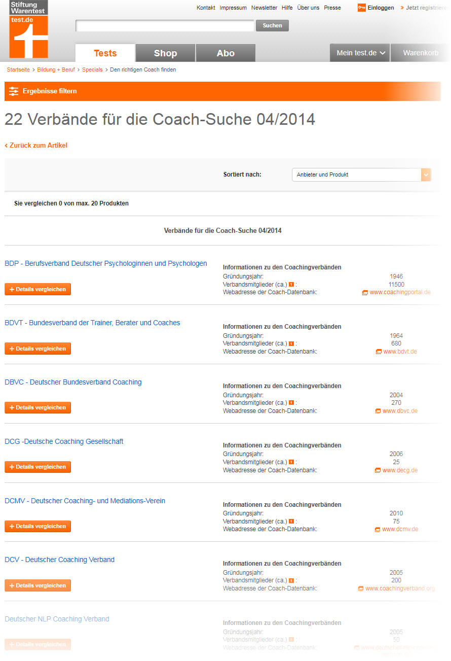 Coaching Verbände - Die Stiftung Warentest hat eine Liste verschiedener Vereinigungen zusammengestellt, über die man einen passenden Coach suchen und finden kann (Screenshot test.de/Den-richtigen-Coach-finden-Nicht-nur-die-Chemie-muss-stimmen-4697530-4699820/ am 13.06.2019)
