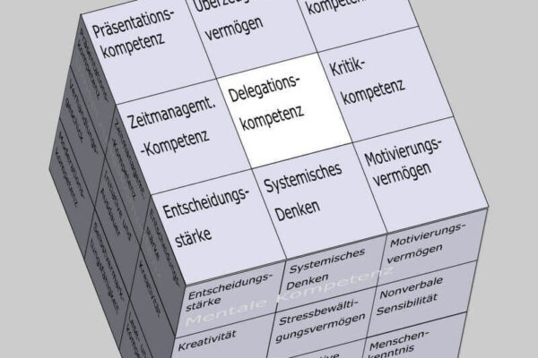 Delegationskompetenz als Soft Skill im Kompetenzfeld "Führungskompetenz" des Soft Skills Würfels (© André Moritz, www.soft-skills.com)