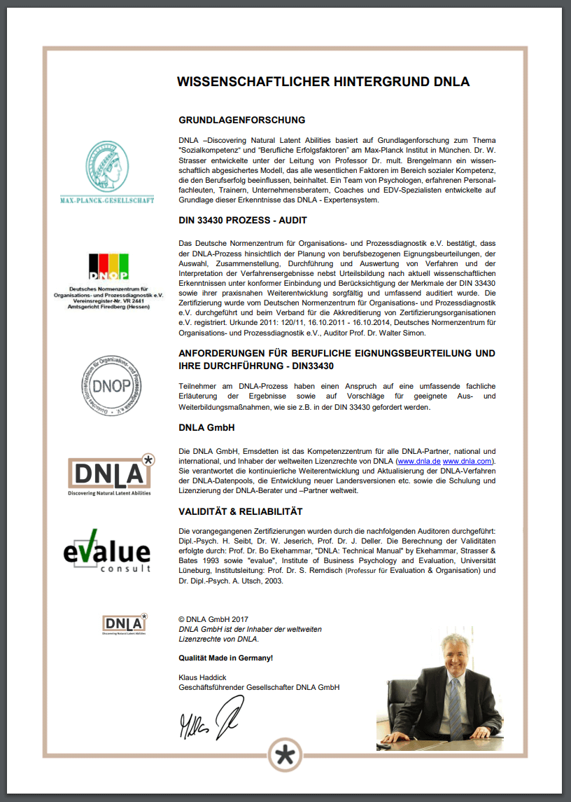 Wissenschaftlicher Hintergrund von DNLA - Zertifizierung von Validität, Reliabilität sowie DIN 33430 Konformität (Screenshot https://www.dnla.de/wp-content/uploads/2019/04/Wissenschaftlicher-Hintergrund-DNLA-Kurzinfo.pdf am 25.03.2020) Wissenschaftlicher Hintergrund von DNLA - Zertifizierung von Validität, Reliabilität sowie DIN 33430 Konformität (Screenshot https://www.dnla.de/wp-content/uploads/2019/04/Wissenschaftlicher-Hintergrund-DNLA-Kurzinfo.pdf am 25.03.2020)