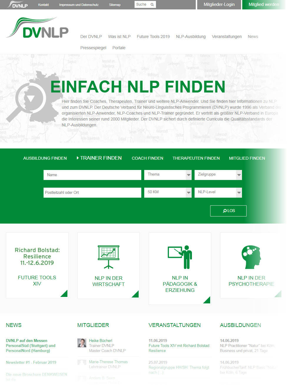 NLP Trainer und NLP Coach finden | Der Deutsche Verband für Neuro-Linguistisches Programmieren (DVNLP) bietet eine umfangreiche Such- und Filter-Funktion, um entsprechende Practitioner und Master in der eigenen Umgebung zu finden (Screenshot dvnlp.de am 11.06.2019)