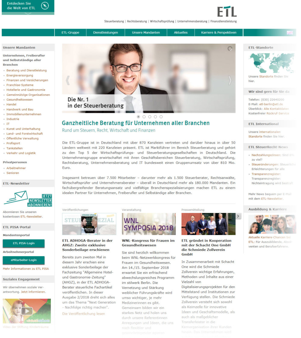 Fast 900 Steuerkanzleien (Buchführungsbüros und Steuerberatung) sind in der sogenannten ETL-Gruppe organisiert; hier findet man in den meisten Städten einen entsprechenden Dienstleister, der einem den Großteil der Buchhaltungsarbeit, Jahresabschlüsse und Steuerformalitäten abnimmt (Screenshot etl.de am 07.09.2018) Fast 900 Steuerkanzleien (Buchführungsbüros und Steuerberatung) sind in der sogenannten ETL-Gruppe organisiert; hier findet man in den meisten Städten einen entsprechenden Dienstleister, der einem den Großteil der Buchhaltungsarbeit, Jahresabschlüsse und Steuerformalitäten abnimmt (Screenshot etl.de am 07.09.2018)