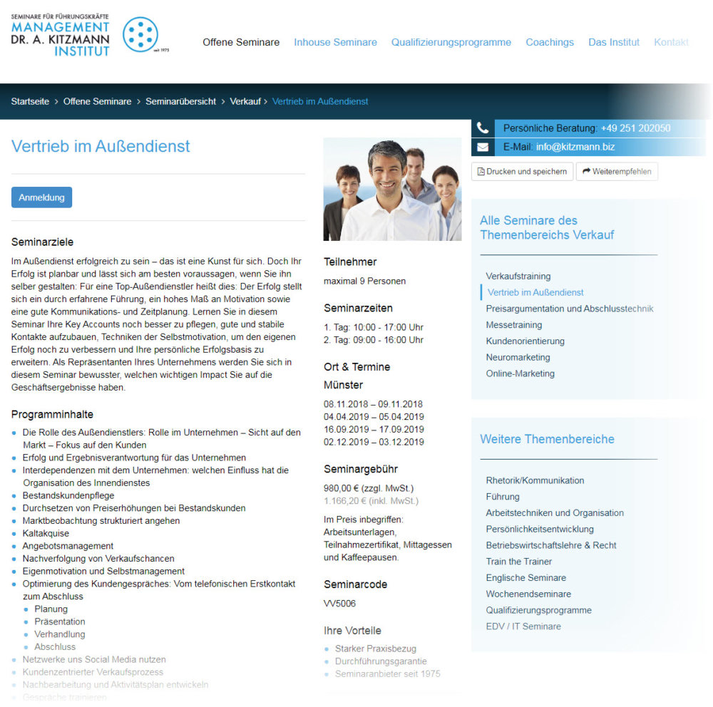 Kitzmann Seminare für Führungskräfte; hier: Vertriebscoaching / Vertriebsseminar "Vertrieb im Außendienst" (Screenshot kitzmann.biz/seminare/seminaruebersicht/verkauf/vertrieb-im-aussendienst/ vom 05.10.2018)