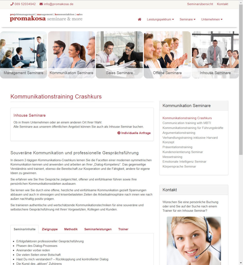 Kommunikationsschulungen bei "promakosa seminare & more" | hier: Kommunikationstraining Crashkurs (Screenshot promakosa.de/kommunikationstraining-crashkurs.html am 11.10.2018)