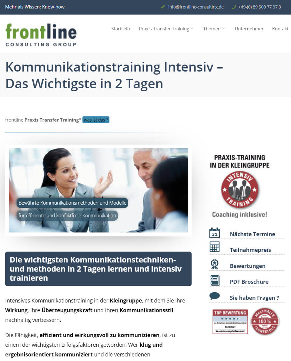 Kommunikationstraining Intensiv - eine 2-Tage-Kommunikationsschulung, angeboten durch die frontline CONSULTING GROUP (Screenshot frontline-consulting.de/training/kommunikationstraining-intensiv/ am 11.10.2018)