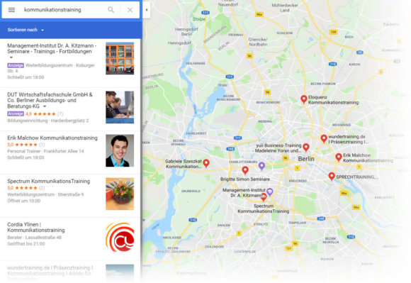 Kommunikationstraining / Kommunikationscoaching / Kommunikationsseminare - hier Anbieter in Berlin (Screenshot Google Maps)