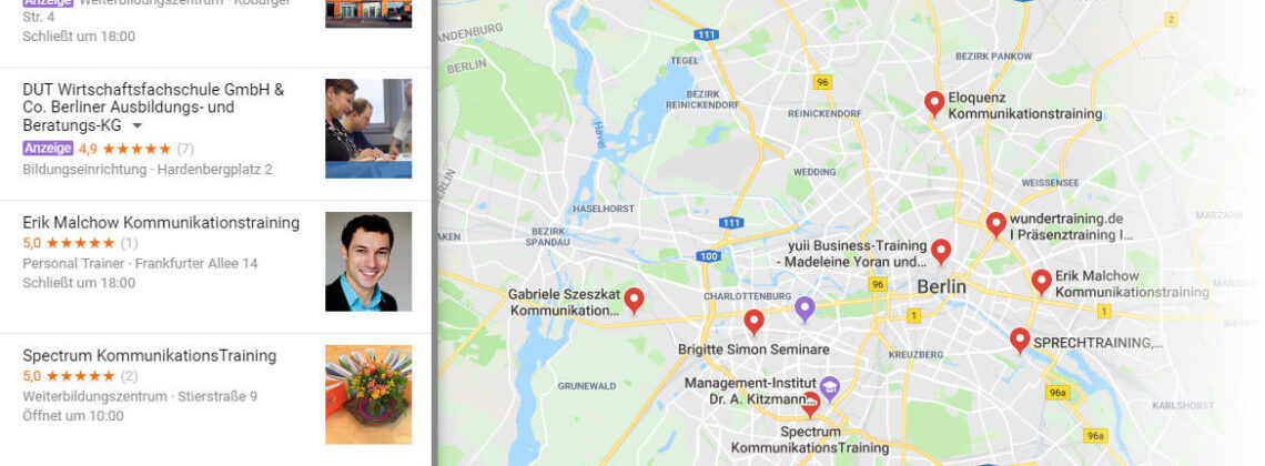 Kommunikationstraining / Kommunikationscoaching / Kommunikationsseminare - hier Anbieter in Berlin (Screenshot Google Maps)