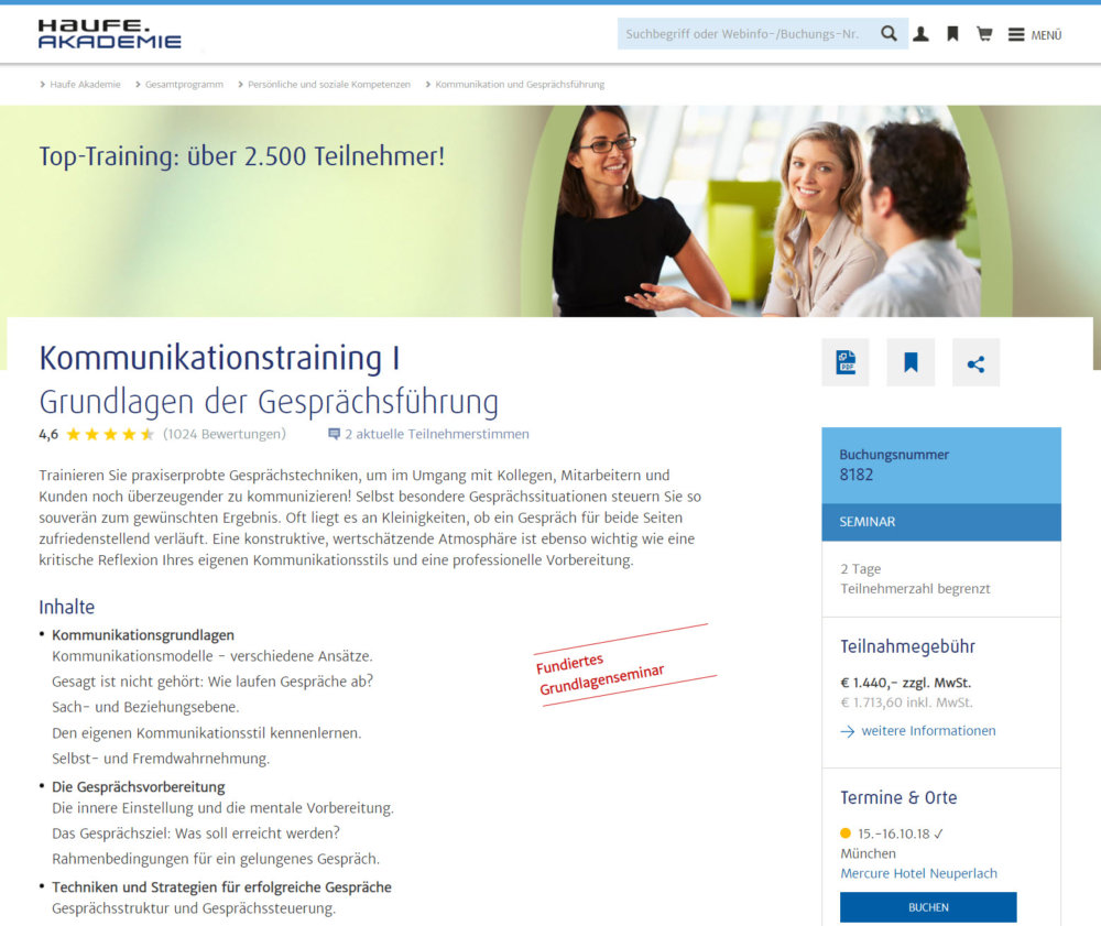 Kommunikationstrainings bei der Haufe Akademie - hier "Kommunikationstraining I - Grundlagen der Gesprächsführung" (Screenshot haufe-akademie.de/8182 am 11.10.2018)