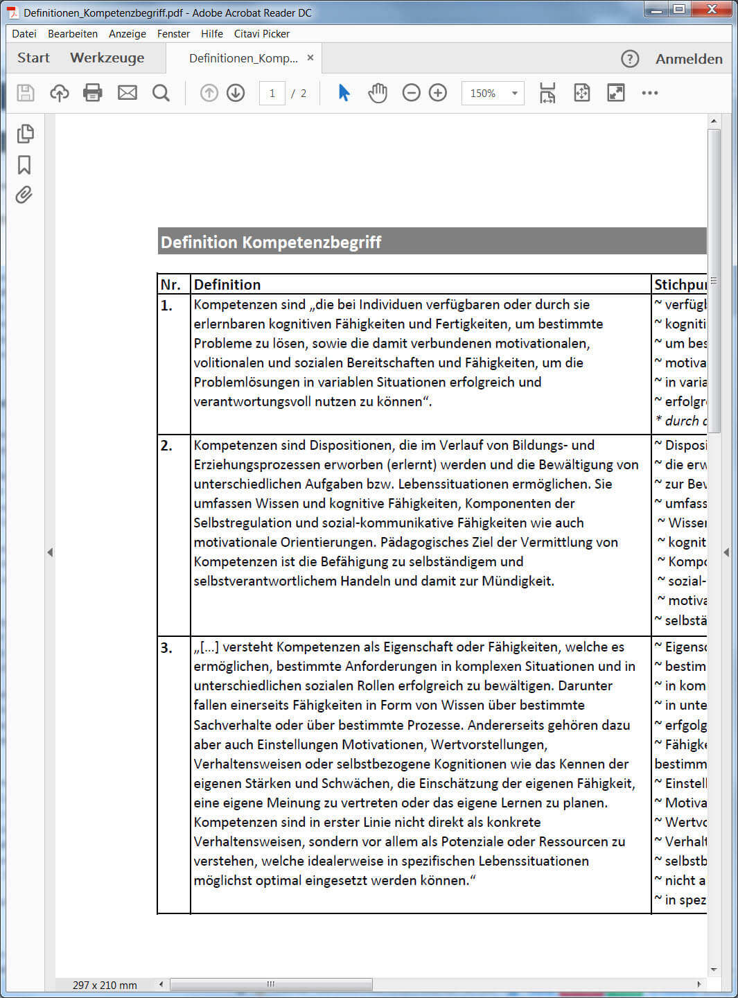 Kompetenzbegriff - verschiedene Definitionen und Erklärungen für den Begriff KOMPETENZ in einem PDF zusammengefasst