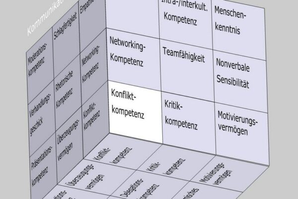 Konfliktkompetenz als Soft Skill im Kompetenzfeld "Soziale Kompetenz" des Soft Skills Würfels (© André Moritz, www.soft-skills.com)
