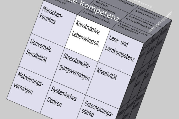 Konstruktive Lebenseinstellung als Soft Skill im Kompetenzfeld "Mentale Kompetenz" des Soft Skills Würfels (© André Moritz, www.soft-skills.com)