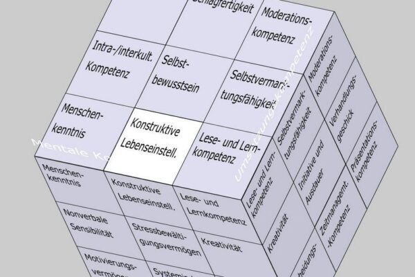 Konstruktive Lebenseinstellung als Soft Skill im Kompetenzfeld "Personale Kompetenz" des Soft Skills Würfels (© André Moritz, www.soft-skills.com)