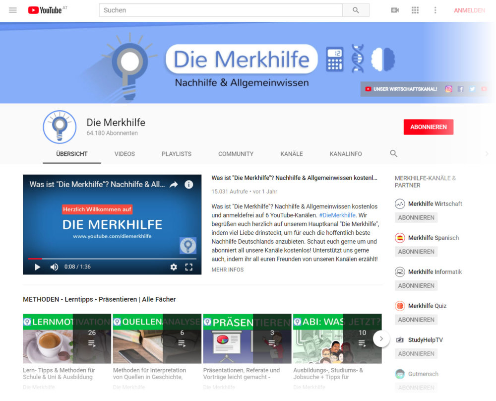 Vokabeln lernen: Auch auf Youtube findet man diverse Videos und ganze Videokanäle zum Thema Lerntipps - wie man schneller und erfolgreich z.B. Vokabeln paukt. Hier: der Youtube-Kanal "Merkhilfe"