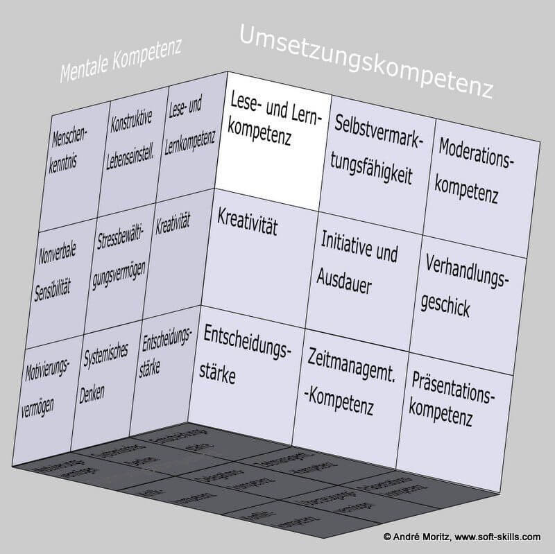 Lese- und Lernkompetenz im Kompetenzfeld "Umsetzungskompetenz" im Soft Skills Würfel (© André Moritz, www.soft-skills.com)