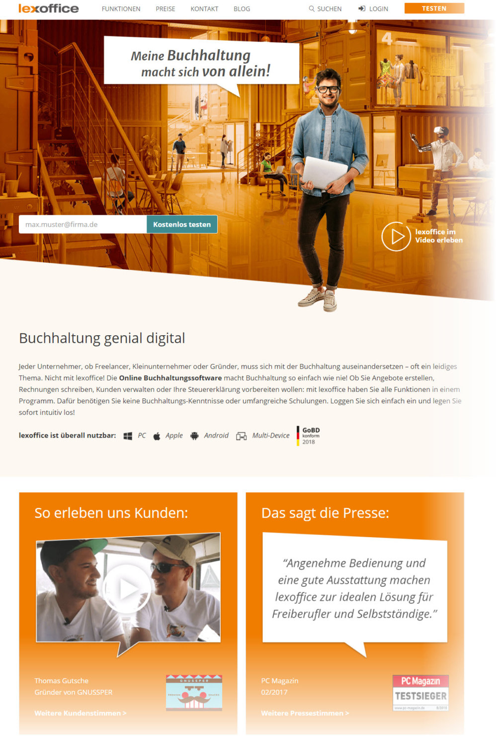 Lexoffice ermöglicht Freiberuflern und kleinen bis mittelgroßen Unternehmen, ihre Buchhaltung und damit zusammenhängenden steuerlichen Arbeiten weitestgehend selbst mit einer "Software in der Cloud" zu erledigen (Screenshot lexoffice.de am 07.09.2018) Lexoffice ermöglicht Freiberuflern und kleinen bis mittelgroßen Unternehmen, ihre Buchhaltung und damit zusammenhängenden steuerlichen Arbeiten weitestgehend selbst mit einer "Software in der Cloud" zu erledigen (Screenshot lexoffice.de am 07.09.2018)