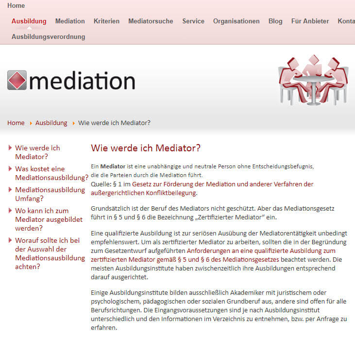 Mediation Ausbildung: Wie werde ich Mediator (Screenshot mediation.de/ausbildung/wie-werde-ich-mediator vom 23.01.2019)
