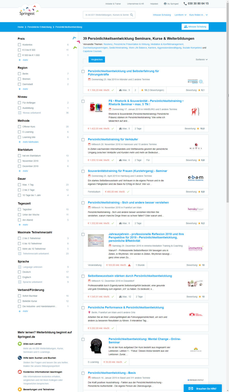 Persönlichkeitsentwicklung Kurse, Weiterbildungen, Schulungen - auch bei springest.de wird man fündig, wenn man ein Seminar zum Thema persönliche Entwicklung / Weiterentwicklung sucht (Screenshot springest.de/personliche-entwicklung/personlichkeitsentwicklung am 06.11.2018)