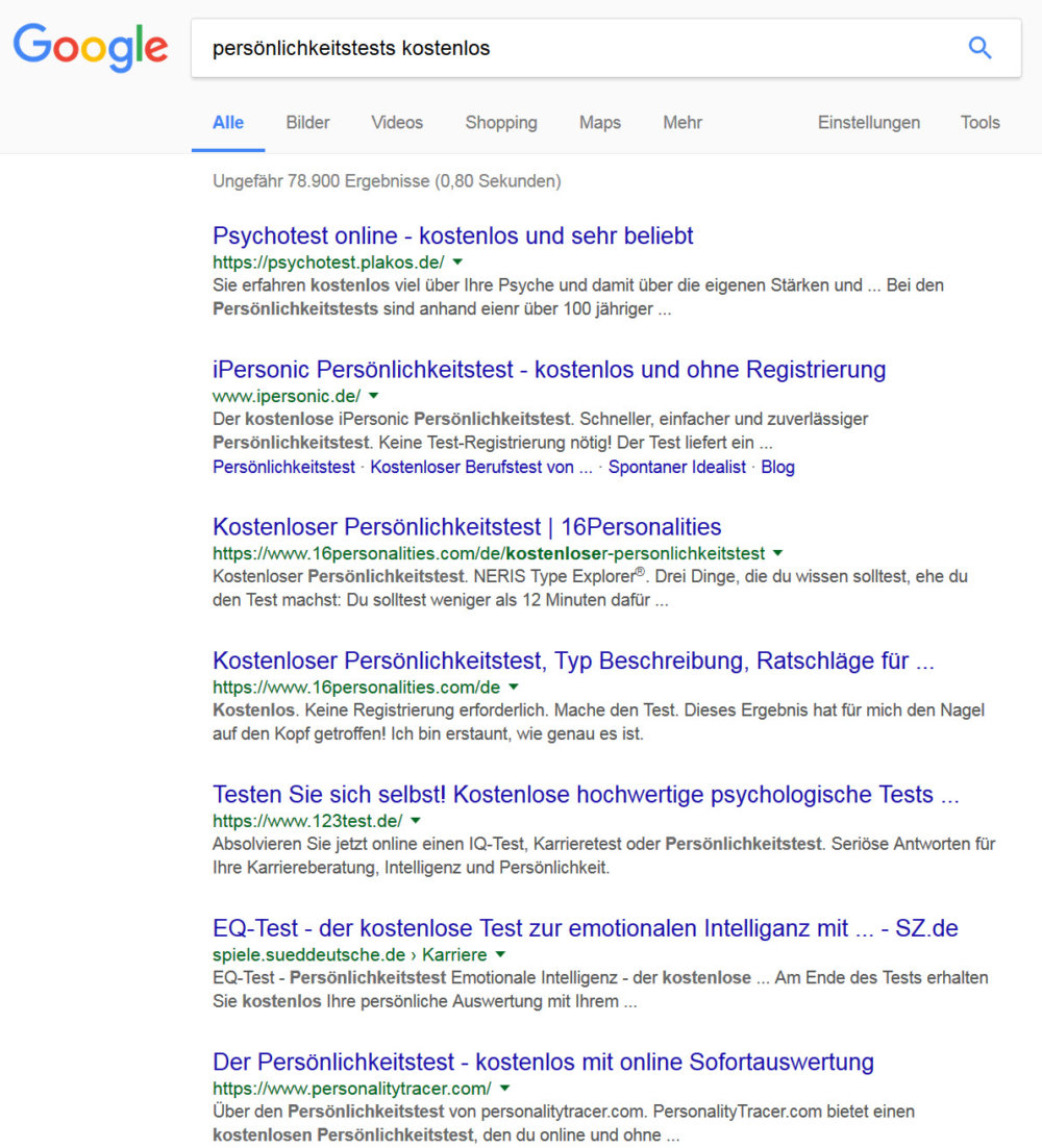 Persönlichkeitstests kostenlos? - Nicht alles, was man in Google zu dieser Suchphrase findet, ist (a) gratis und/oder (b) aussagekräftig (Screenshot Google-Suche am 27.12.2016)