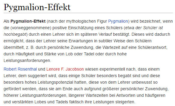 Pygmalion Effekt: kurze Definition in der Wikipedia | Screenshot de.wikipedia.org/wiki/Pygmalion-Effekt