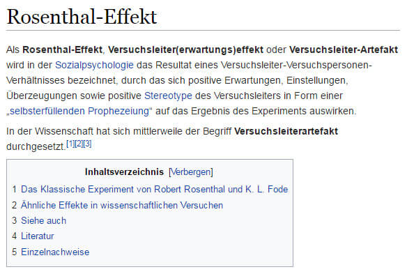 Rosenthal Effekt - Beschreibung / Definition - kurz erkärt in der Wikipedia (Screenshot de.wikipedia.org/wiki/Rosenthal-Effekt)