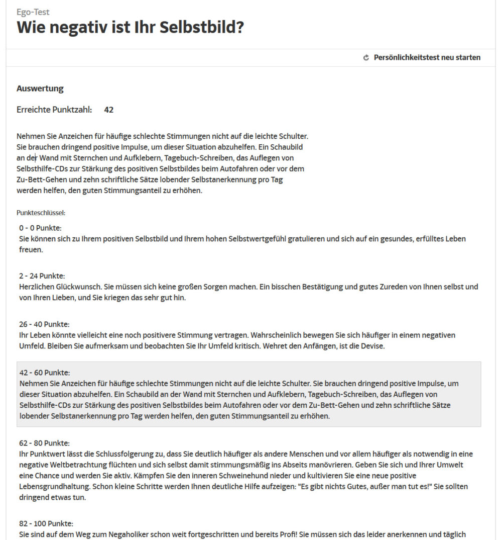 Selbstwertgefühl Test / EGO-Test: Wie negativ ist Ihr Selbstbild (Screenshot einer Beispiel-Auswertung, http://quiz.sueddeutsche.de/quiz/2081639991-ego-test)