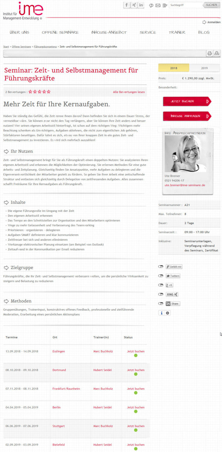 Zeitmanagement Seminare des ime - Instituts für Management Entwicklung in Berlin, Frankfurt, Stuttgart, Esslingen, Bielefeld u.a. (Screenshot https://www.ime-seminare.de/seminare/zeit-und-selbstmanagement-fuer-fuehrungskraefte/ am 06.08.2018)