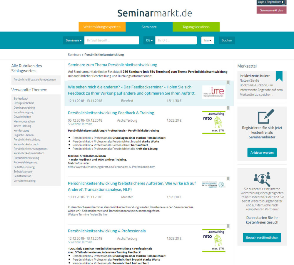 Seminare zum Thema Persönlichkeitsentwicklung bei seminarmarkt.de (Screenshot www.seminarmarkt.de/Seminare/Persoenlichkeitsentwicklung,s5716 am 06.11.2018)