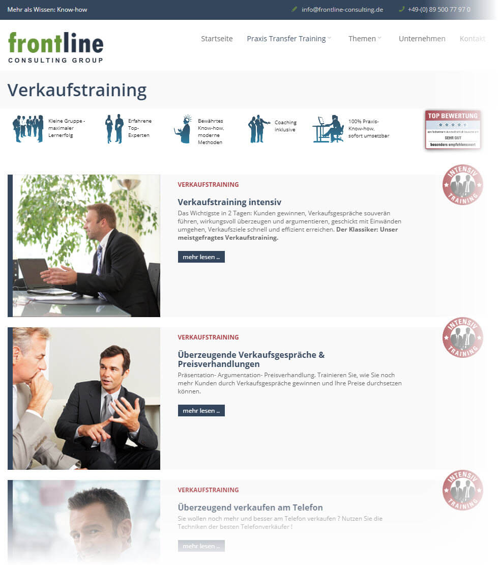 Frontline Verkaufstraining | Vertriebsseminare / Verkaufsseminare mit verschiedenen Schwerpunkten, z.B. Verkaufsgespräche und Preisverhandlungen sowie Verkaufen am Telefon (Screenshot frontline-consulting.de/verkaufstraining/ am 05.10.2018)